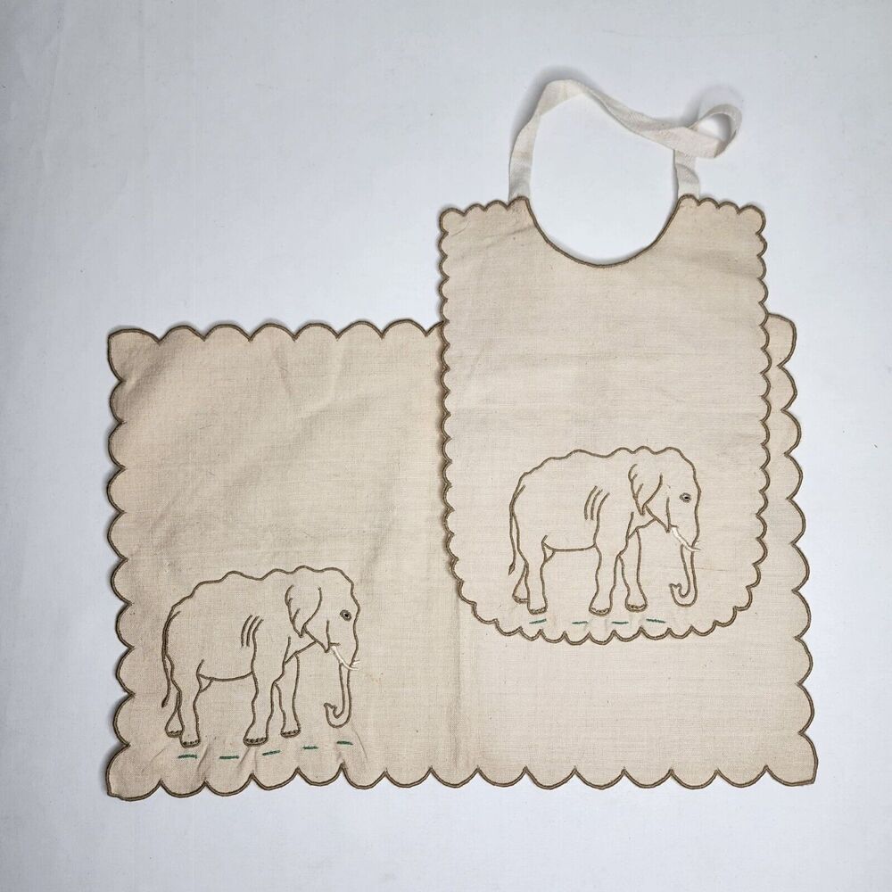 Handmade Vintage Elephant Bib & Placemat Set Embroidered Scalloped Edges Babyโ